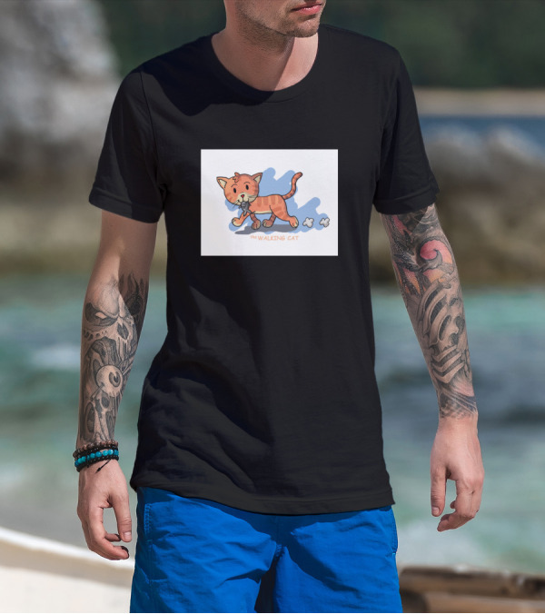 The Walking Cat Animated Cartoon Style Illustration With Playful Orange Cat And Paw Clouds T-Shirt