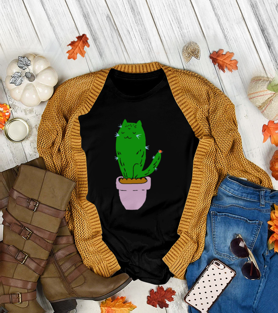 Cat Tus Green Cactus Cat in Flower Pot T-Shirt