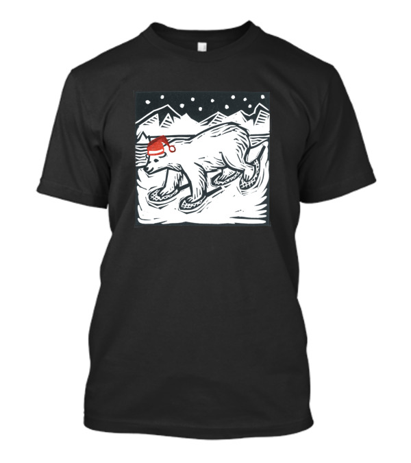 Polar Bear Wearing Red Santa Hat On Snowshoes In Snowy Mountain Landscape T-Shirt