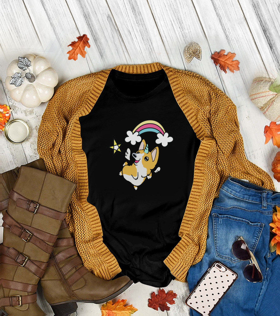 Unicorn Corgi Rainbow Star Baby Toddlers Doodle T-Shirt