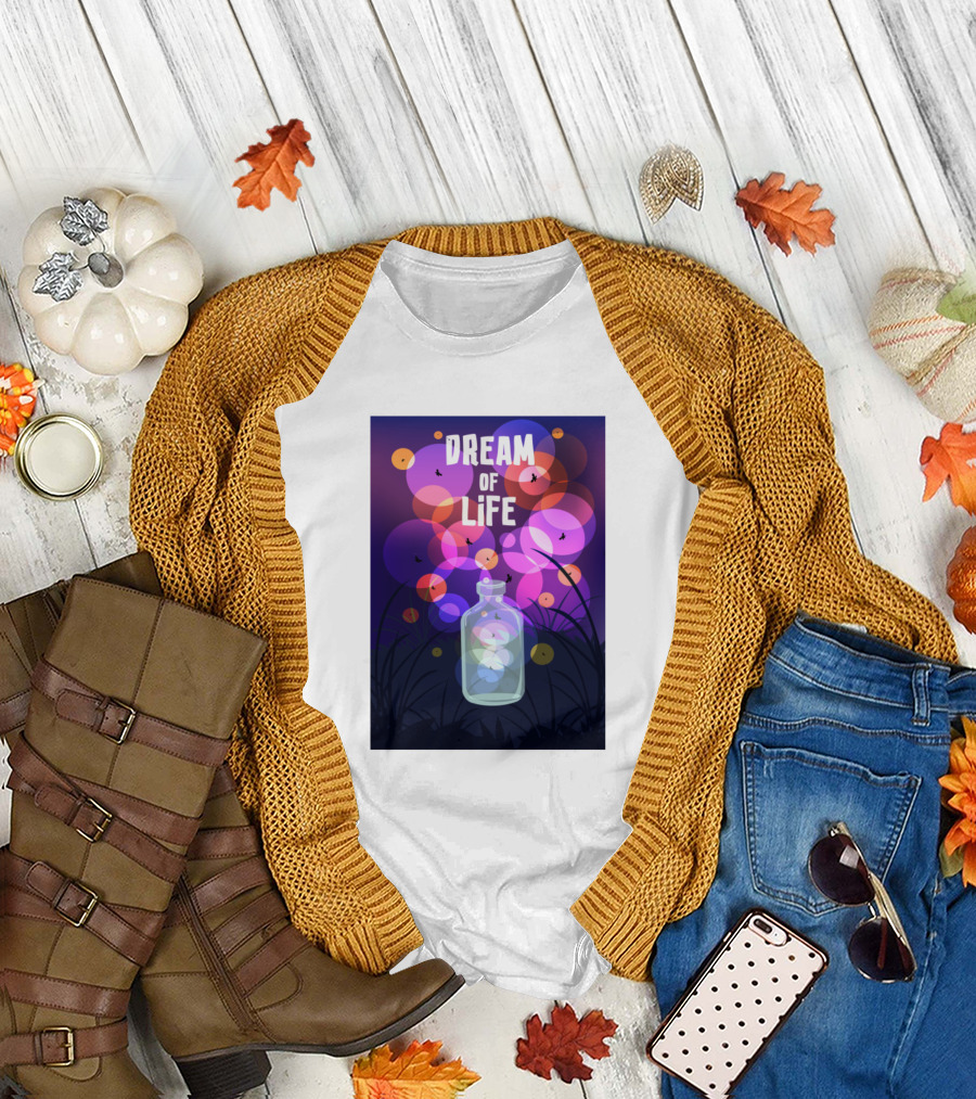 Dream of Life: Captivating Fireflies in a Colorful Night Jar T-Shirt