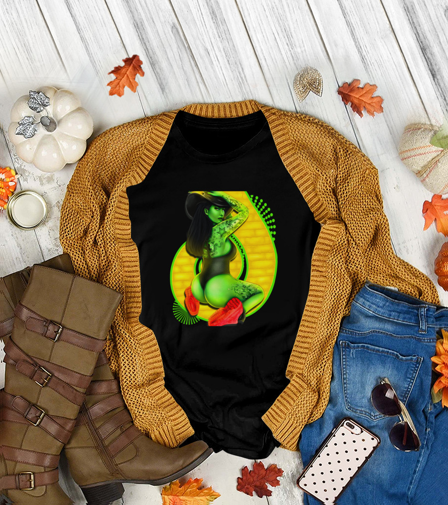 Wicked Witch with Red Slippers and Yellow Brick Background T-Shirt