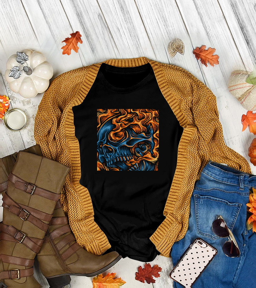 Burning Skull Flames in Vibrant Blue and Orange T-Shirt