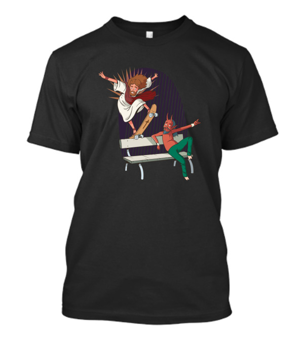 Skater God Jesus With Skateboarding Devil On Bench T-Shirt