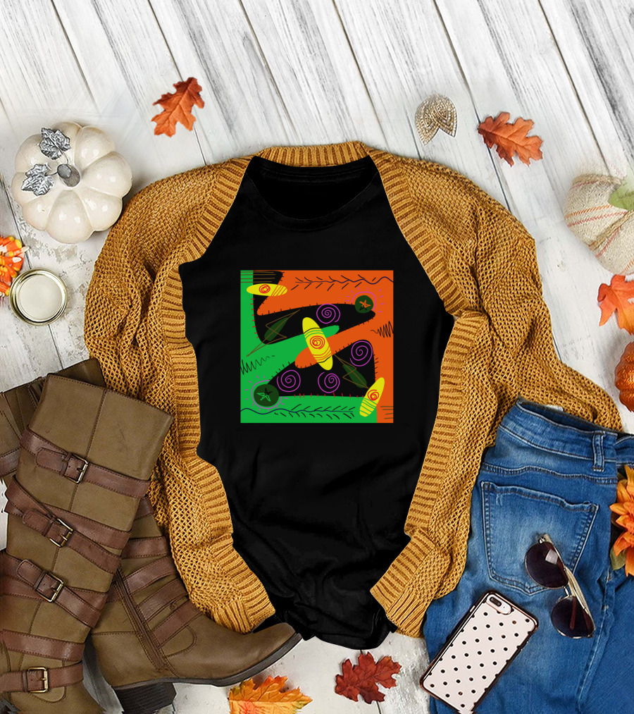 Green Orange Spirals and Canoe Shapes T-Shirt