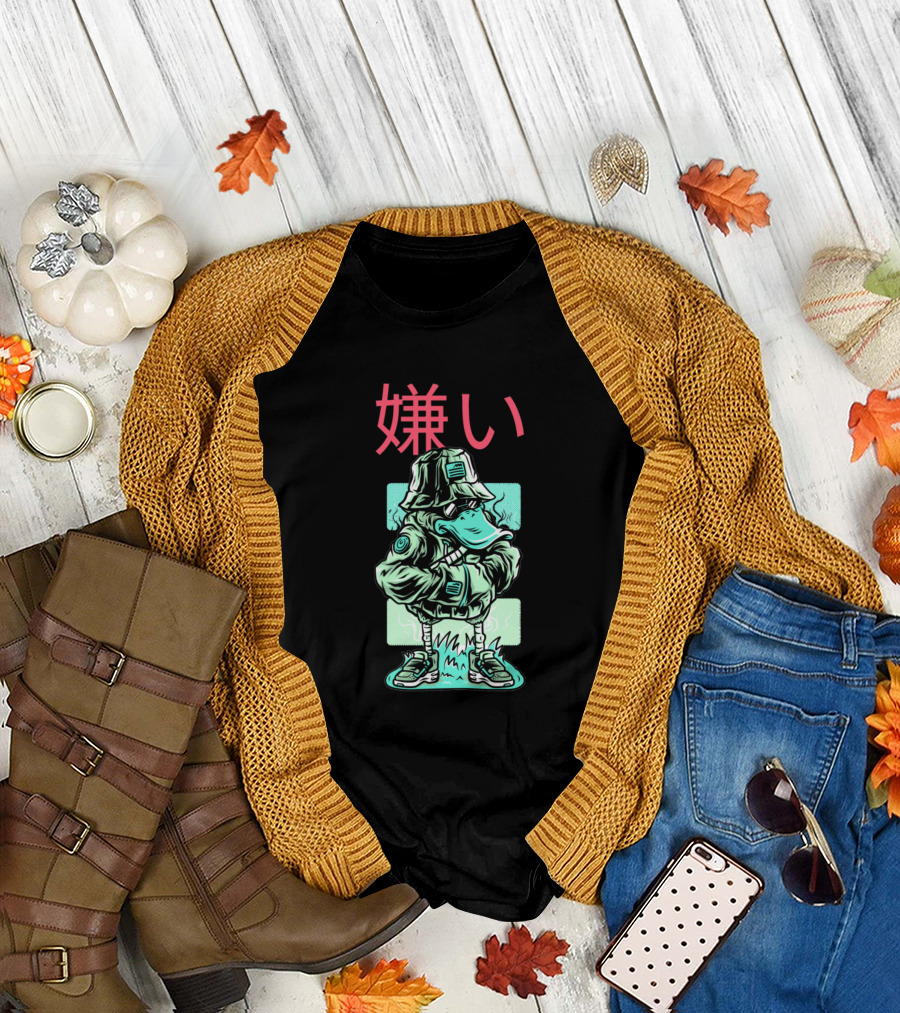 Retro Teal Japanese Hipster Duck 嫌い T-Shirt