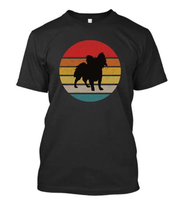 Retro Vintage Papillon Dog Silhouette Stripes T-Shirt