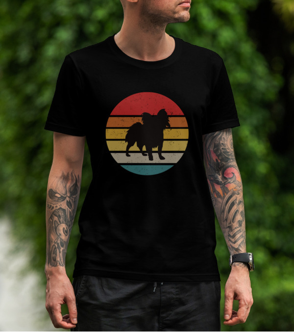 Retro Vintage Papillon Dog Silhouette Stripes T-Shirt