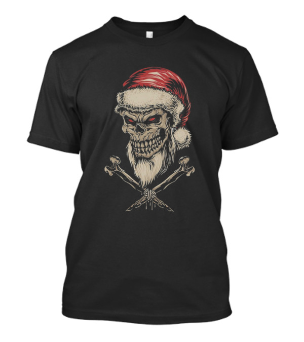 Skull Mechanic Santa Hat Red Eyes Creepy Skeleton Crossbones T-Shirt