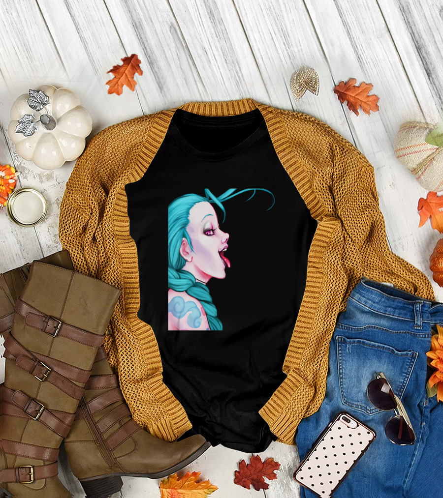 The Jinx Braided Hair Blue Tattoo Playful Tongue Out T-Shirt