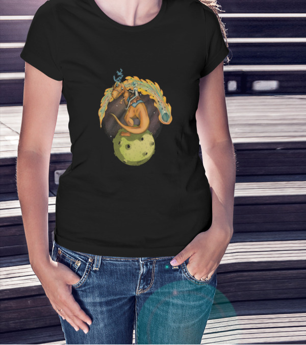 Astronaut Riding Dinosaur Across Space Journey With Fiery Comet And Ride The Lightning T-Shirt
