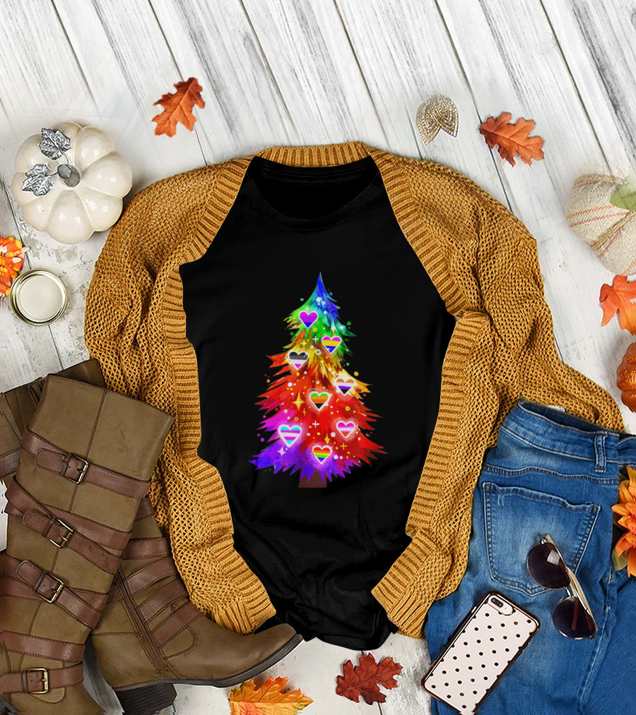 Queer On Christmas Planting Pride And Love Rainbow Christmas Tree Hearts T-Shirt