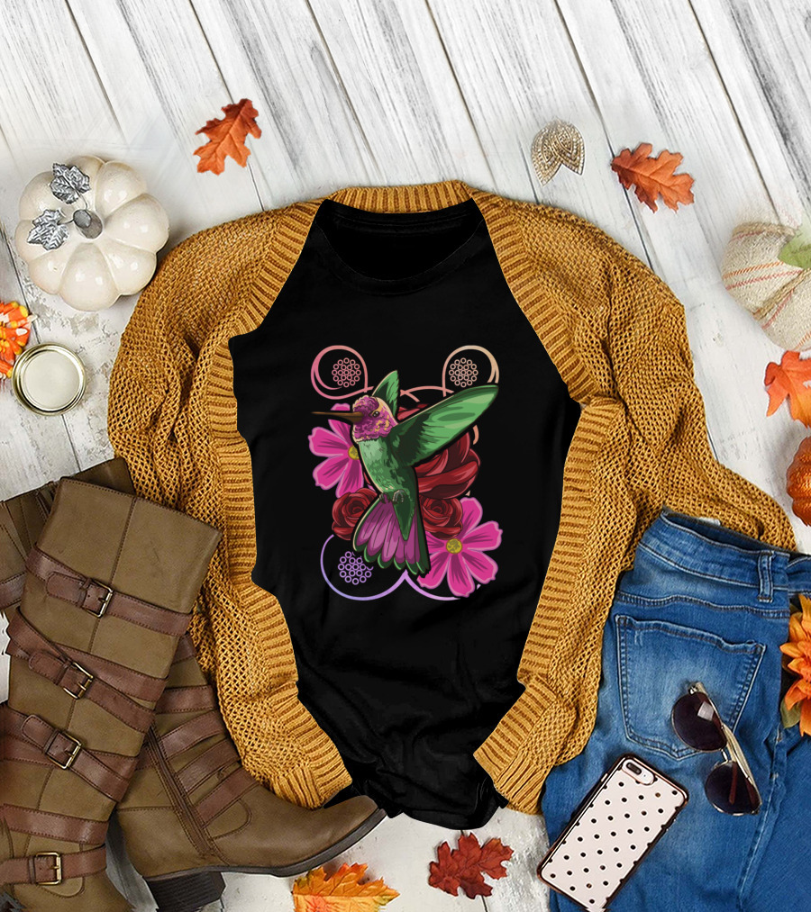 Hummingbird Floral Wild Life Flowers and Roses T-Shirt