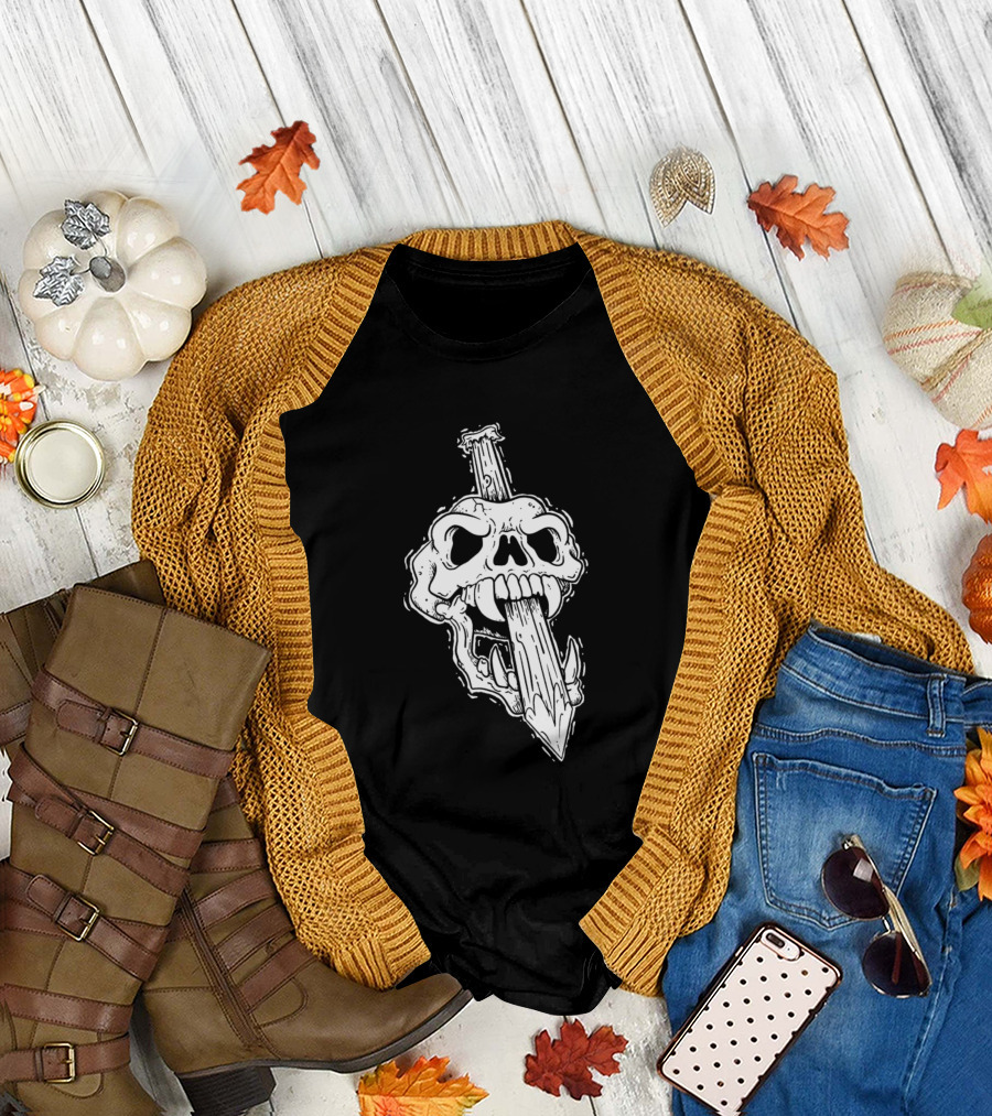 Staked Skull with Dagger Through Eye and Mouth T-Shirt