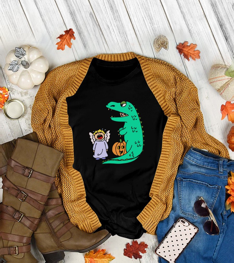 Funny Halloween Angel Costume with Dinosaur Eating Candy T-Shirt