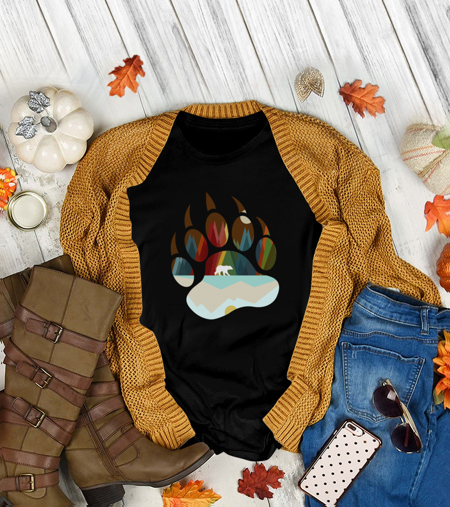 Bear Forest Paw Silhouette with Mountains and Trees T-Shirt