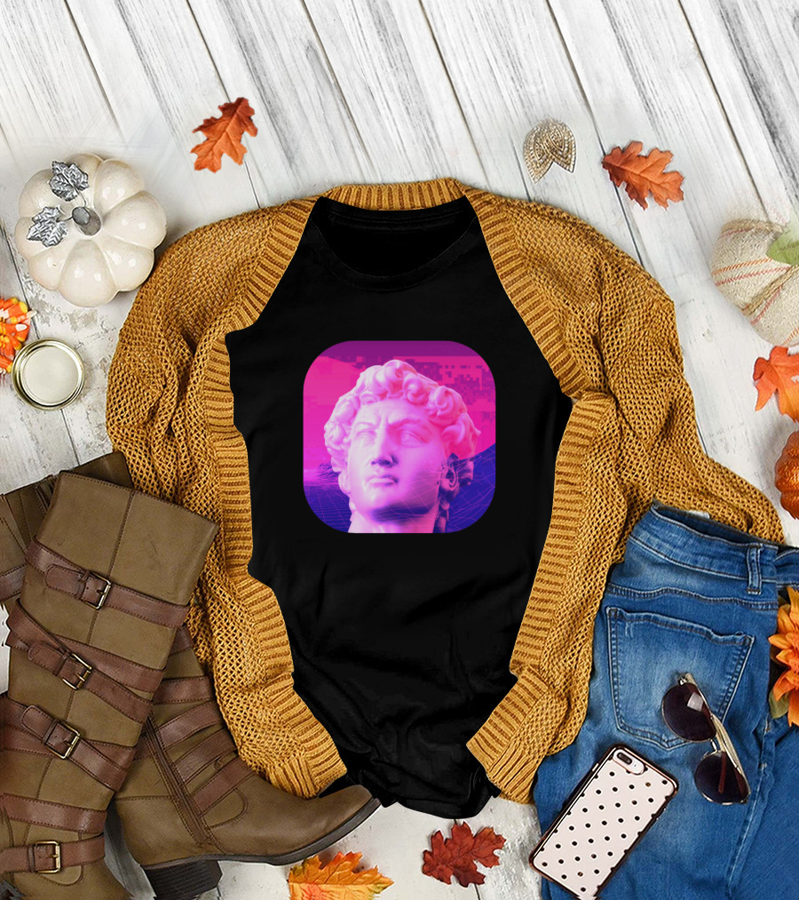 Face Ancient Sculpture Monument Neon Digital Aesthetic T-Shirt