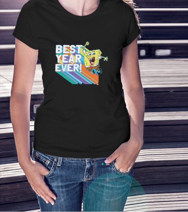 BEST YEAR EVER Spongebob Jumping With Colorful Stripes Background T-Shirt