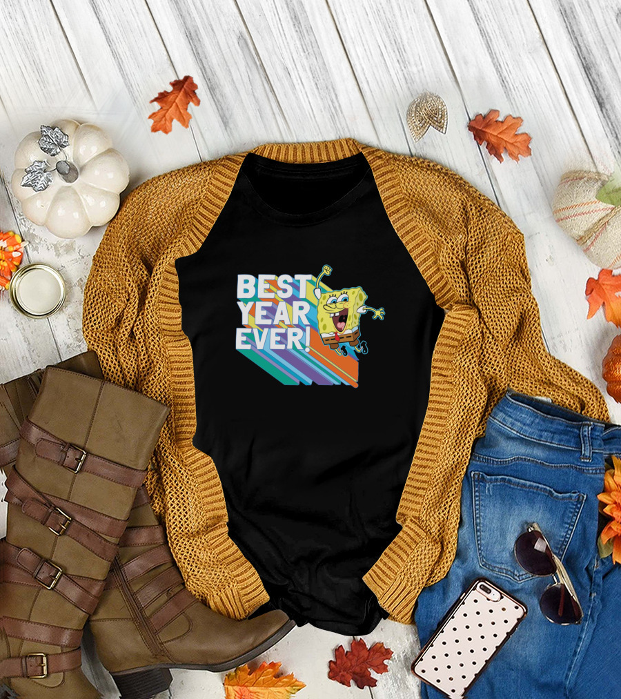 BEST YEAR EVER Spongebob Jumping with Colorful Stripes Background T-Shirt