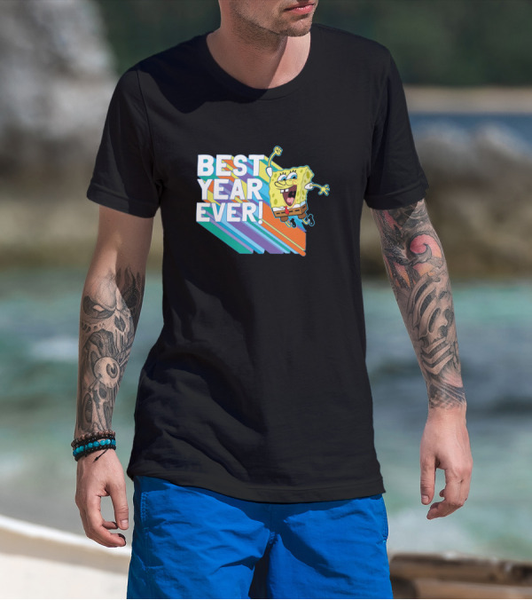 BEST YEAR EVER Spongebob Jumping With Colorful Stripes Background T-Shirt