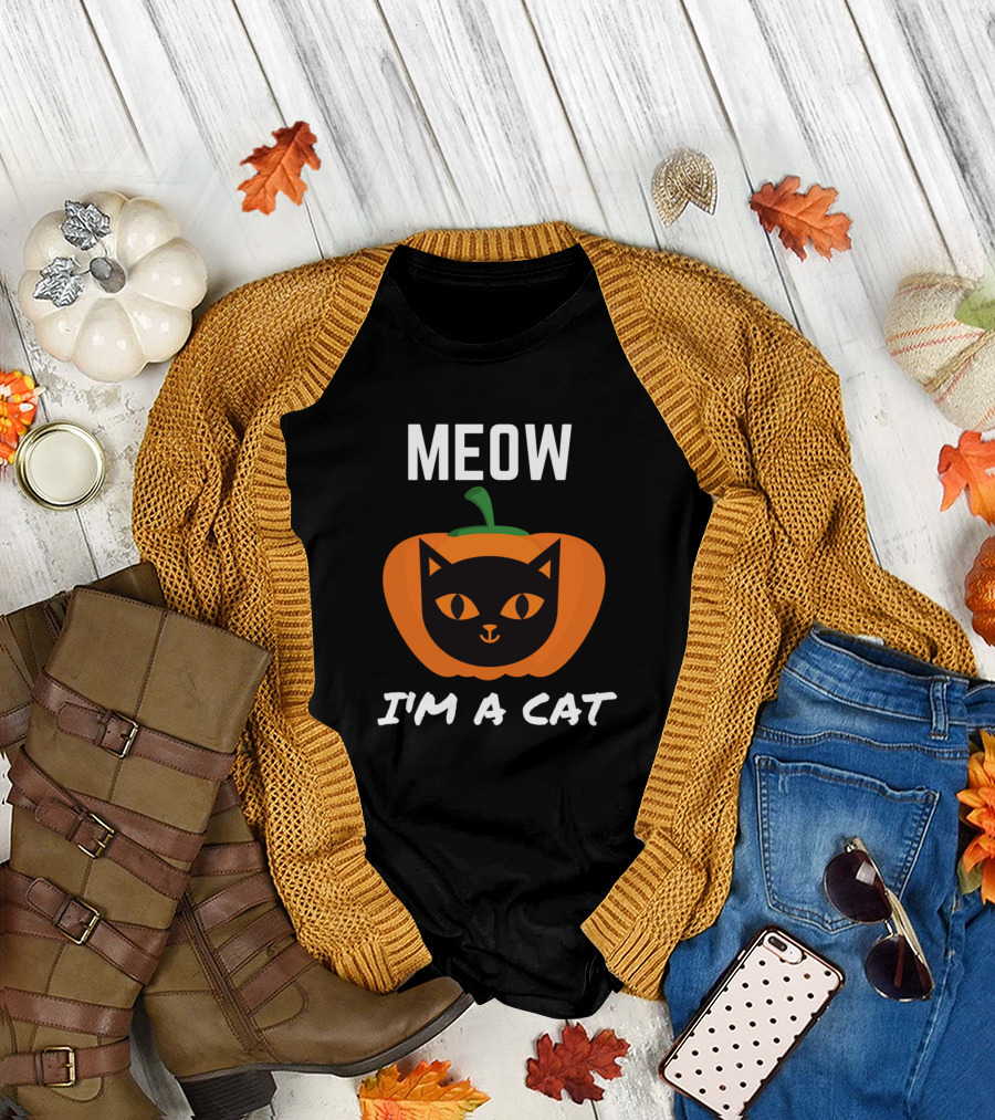 Meow I'm A Cat Pumpkin Halloween Cat Face T-Shirt