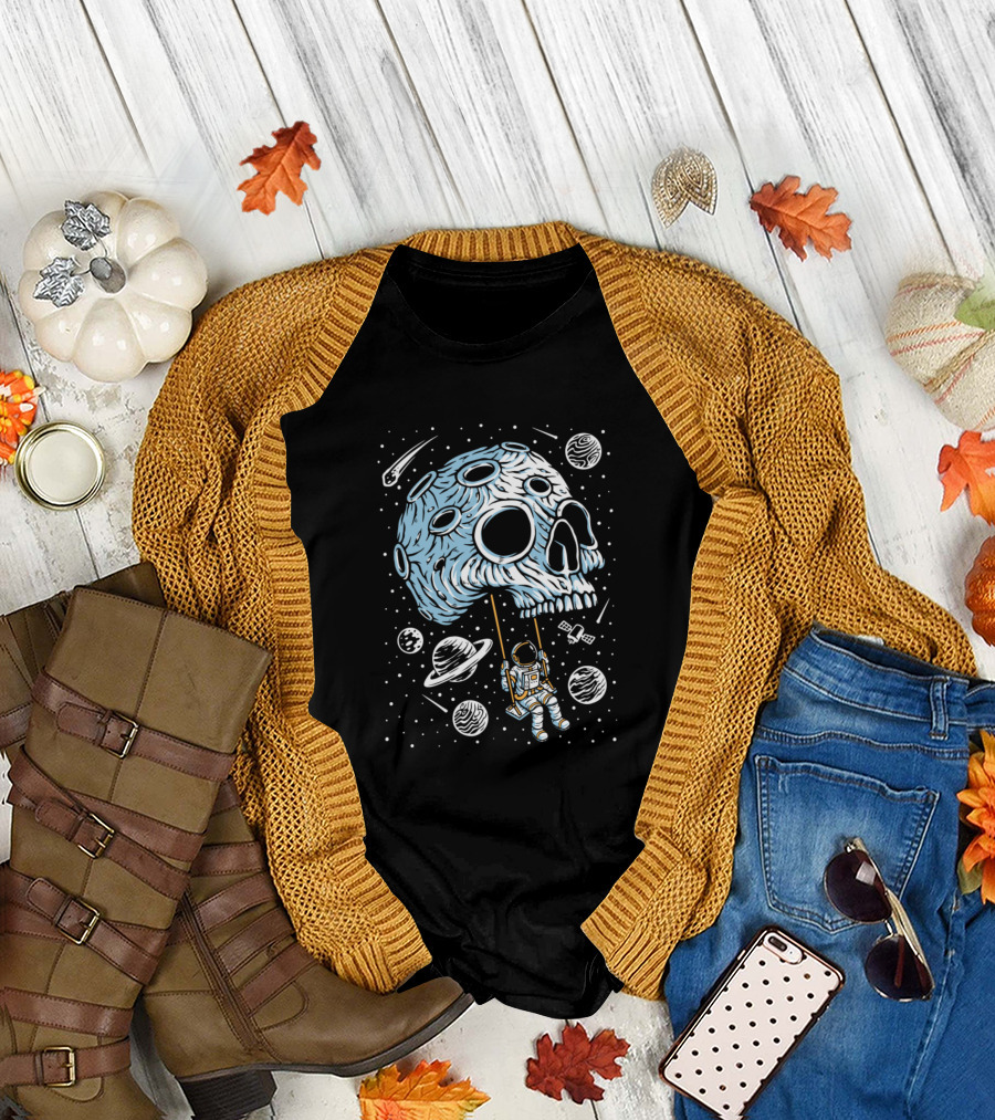 Moon Swinging Astronaut Skull in Space Adventure T-Shirt