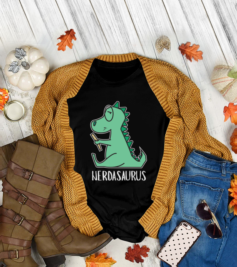 Nerdasaurus Nerd Dinosaur Holding Pencil T-Shirt