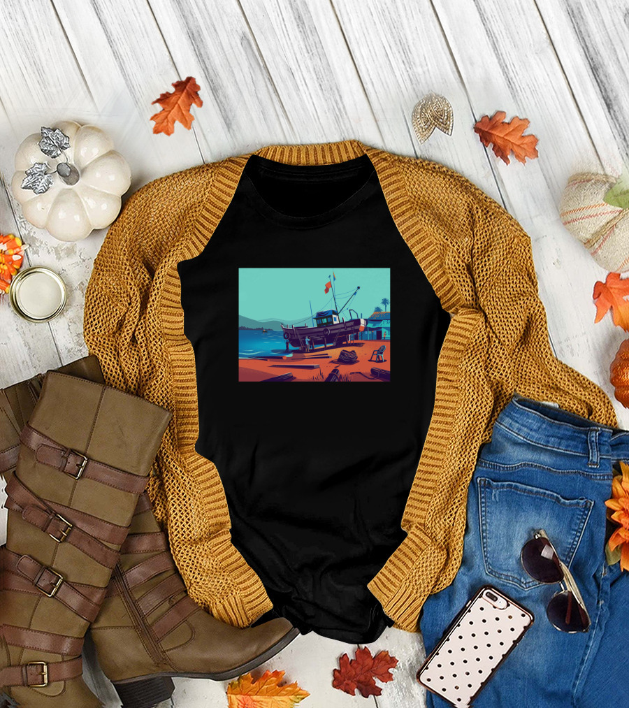 Get Ready to Conquer the Seas with Vibrant Coastal Boat Scene T-Shirt