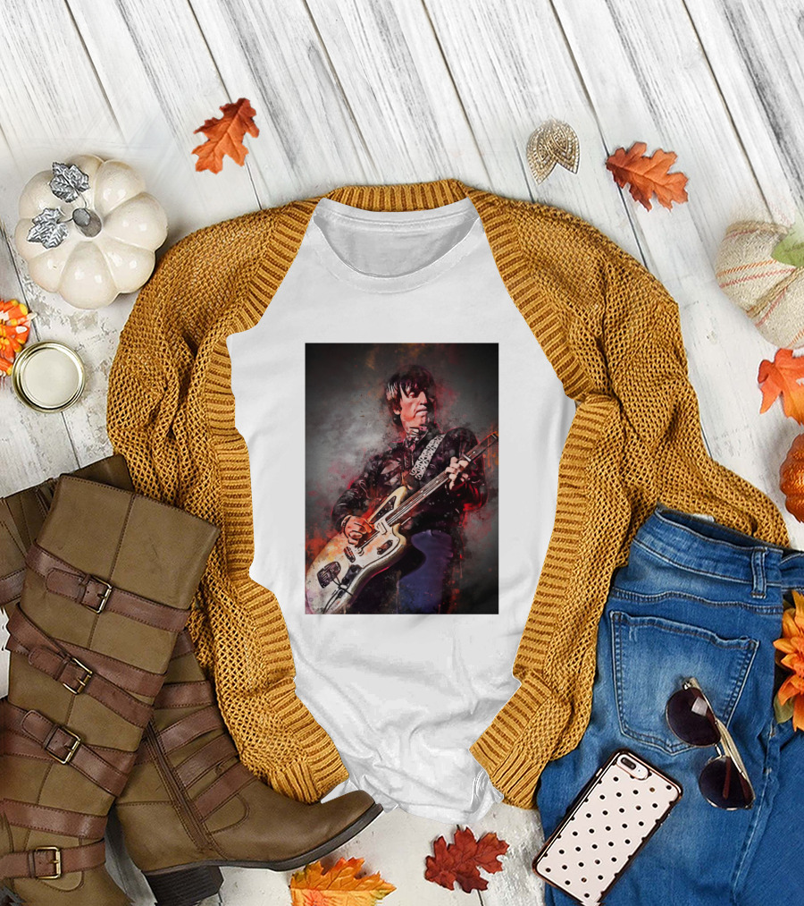 Johnny Marr Playing Electric Guitar with Vibrant Artistic Background T-Shirt