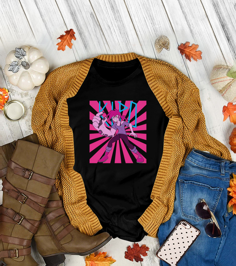 Kipo Stylized Character with Pink and Black Starburst Background T-Shirt