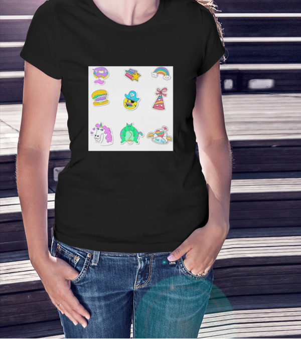 Mix Stickers Collection Donut Hamburger Pirate Cat Unicorn Rainbow Gift Box T-Shirt