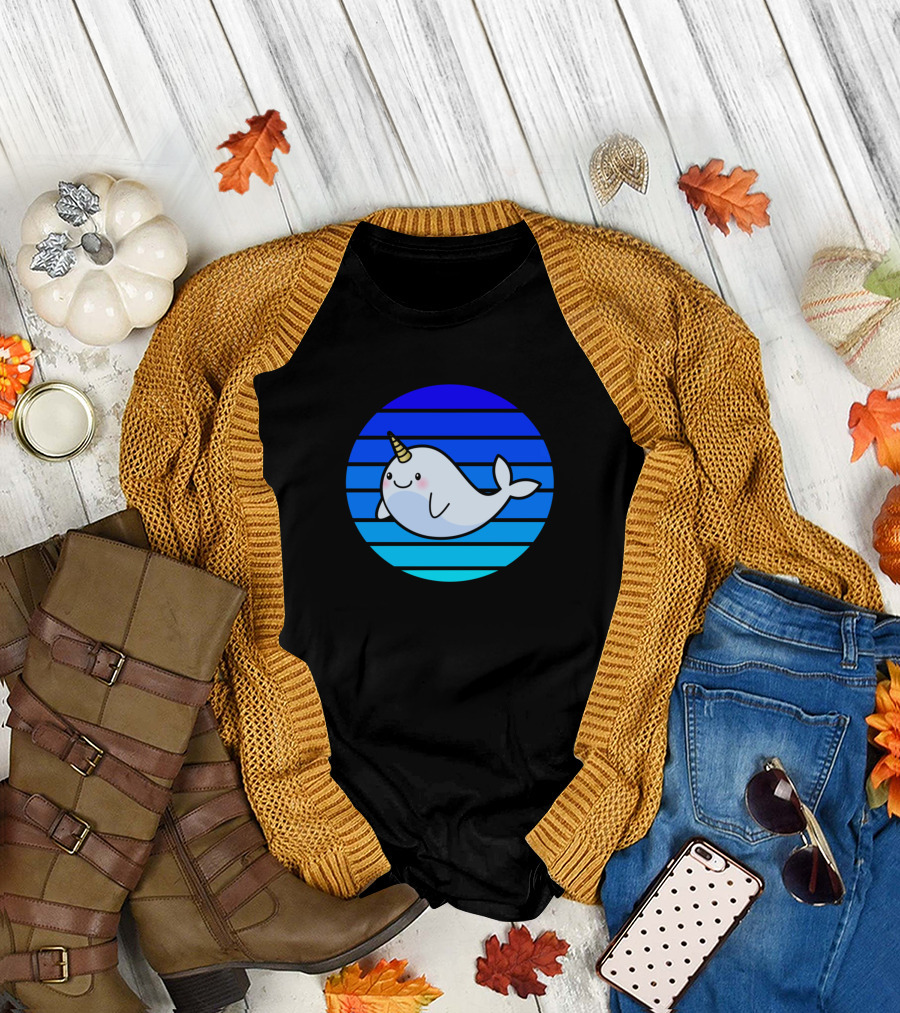 Narwhal Sunset Blue Striped Circle Cute Narwhal T-Shirt