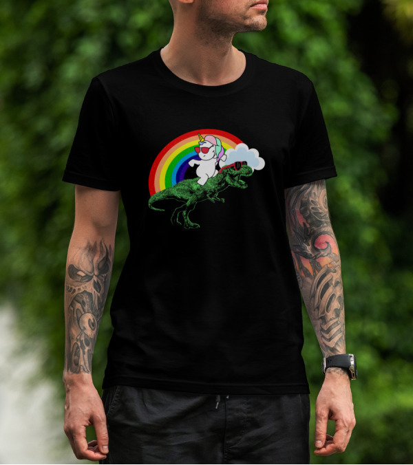 Party Dinosaur Rex With An Unicorn Under Rainbow Cloud T-Shirt