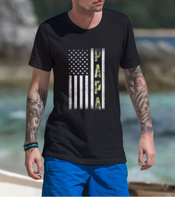 Army Veteran US Military Soldier Dad Papa American Flag Camo T-Shirt