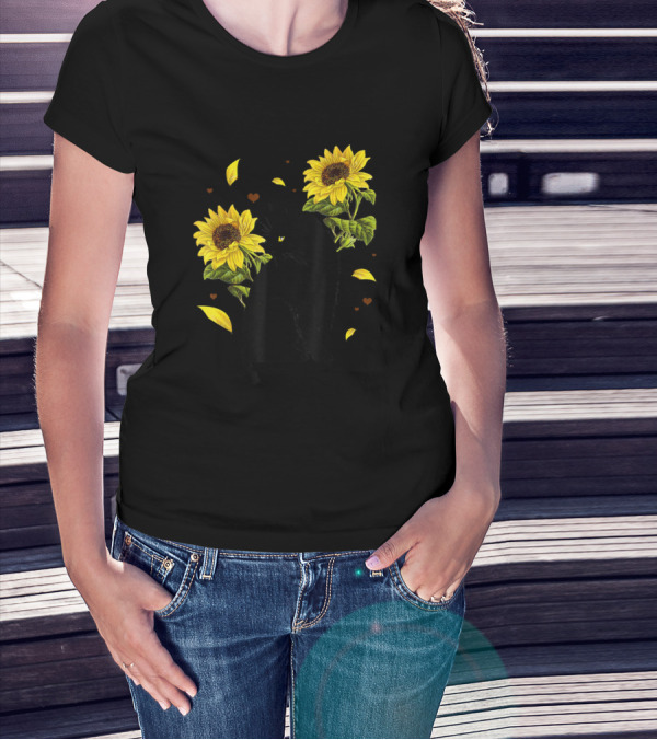 Sunflower Cat Lover With Black Cat And Petals T-Shirt