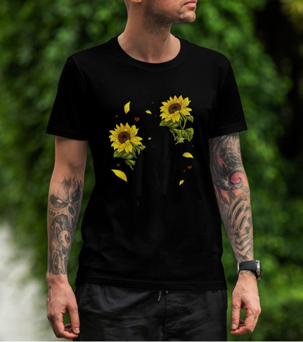 Sunflower Cat Lover With Black Cat And Petals T-Shirt