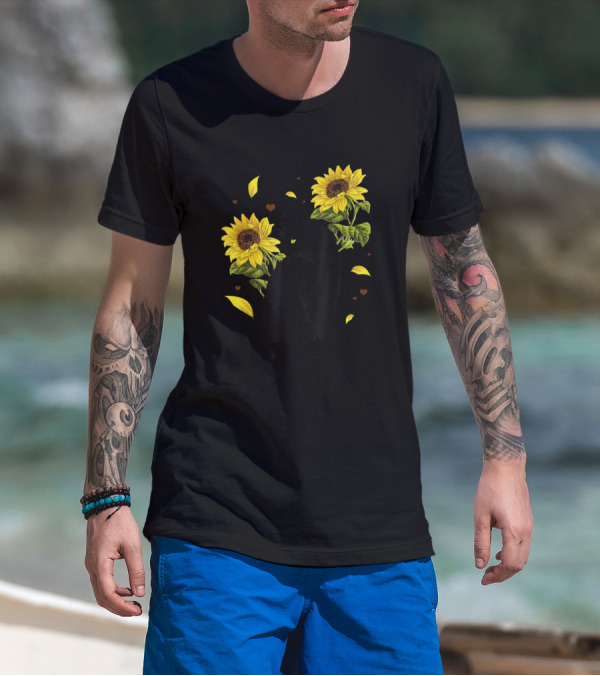 Sunflower Cat Lover With Black Cat And Petals T-Shirt