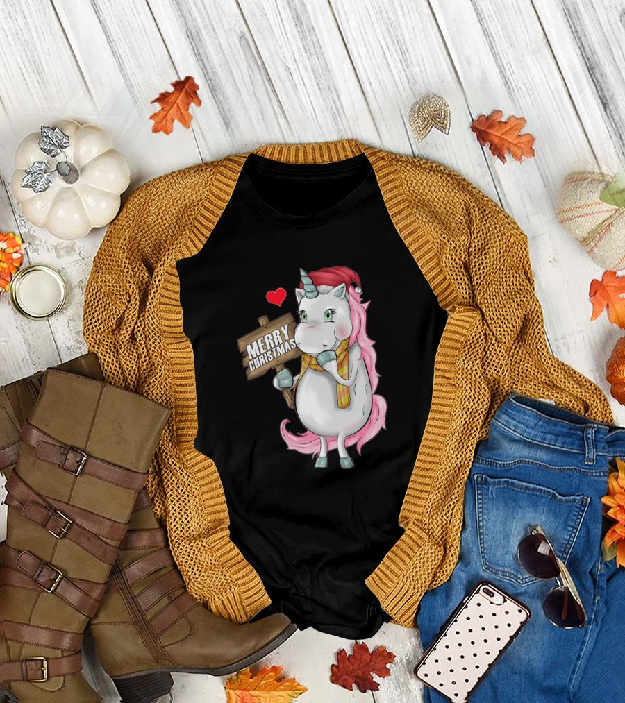 Christmas Unicorn Merry Christmas Cap Sign Heart T-Shirt