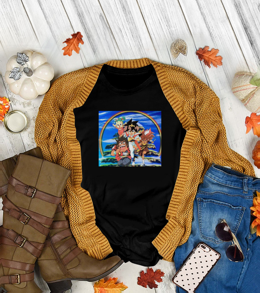 I don't know who these characters are, but it looks like a group of anime characters under a rainbow sky with a pyramid in the background T-Shirt