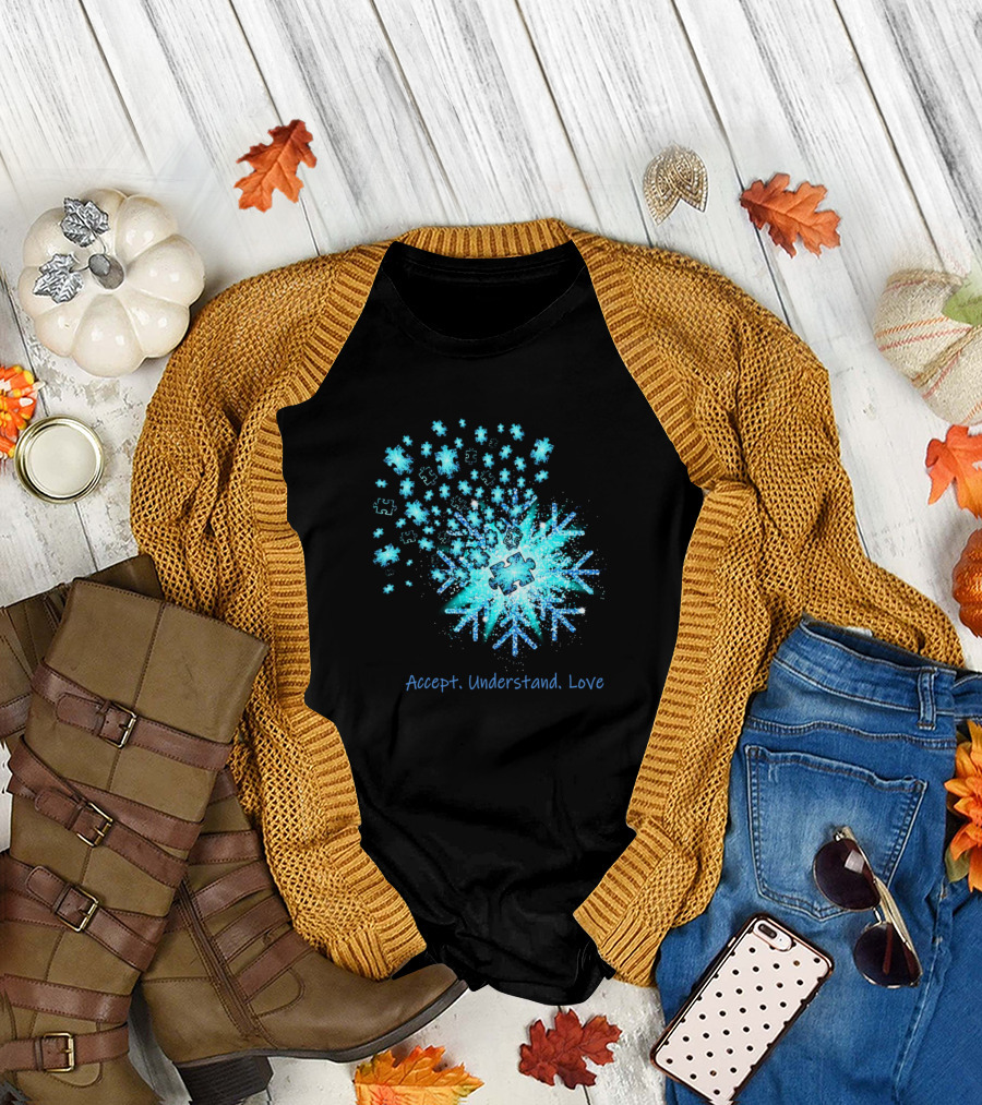Accept Understand Love Autism Snowflake Puzzle Piece T-Shirt