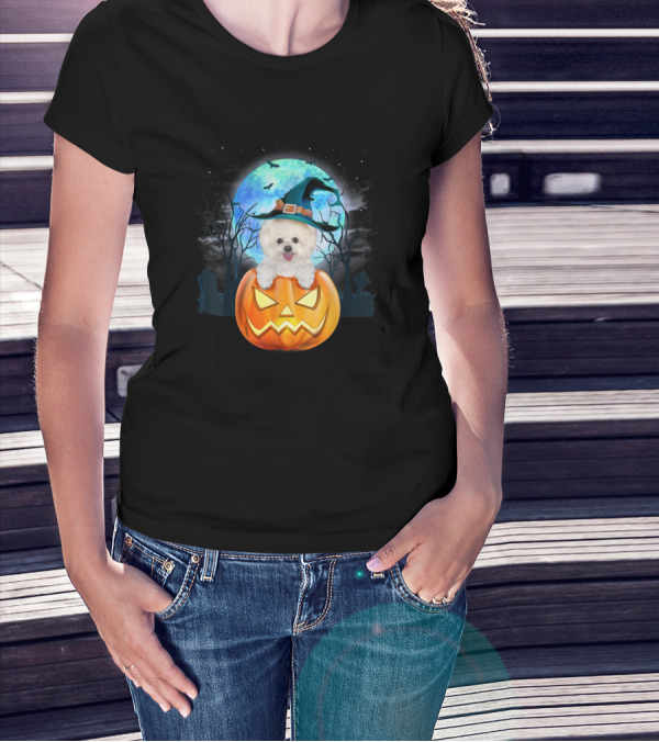 Bichon Frise Halloween Witch Hat Jack-O'-Lantern Moonlit Night T-Shirt