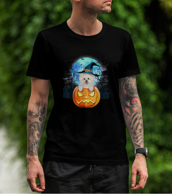 Bichon Frise Halloween Witch Hat Jack-O'-Lantern Moonlit Night T-Shirt