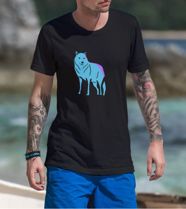 Doodle Wolf Blue Purple Stylized Outline T-Shirt