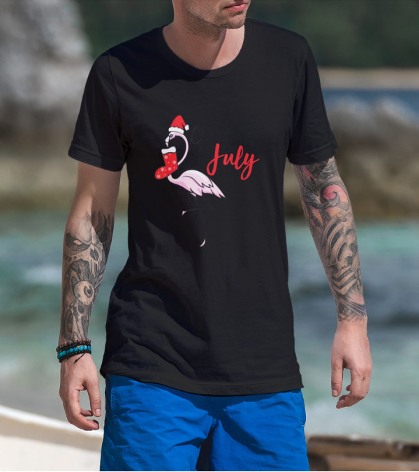 Flamingo Christmas In July Funny Party Santa Hat And Stocking T-Shirt