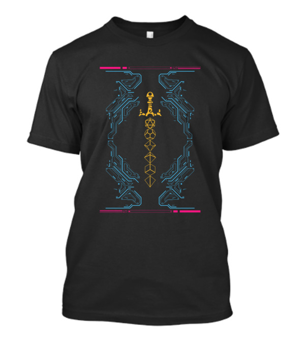 Synthwave Futuristic Circuit Sword With Polyhedral Dice T-Shirt