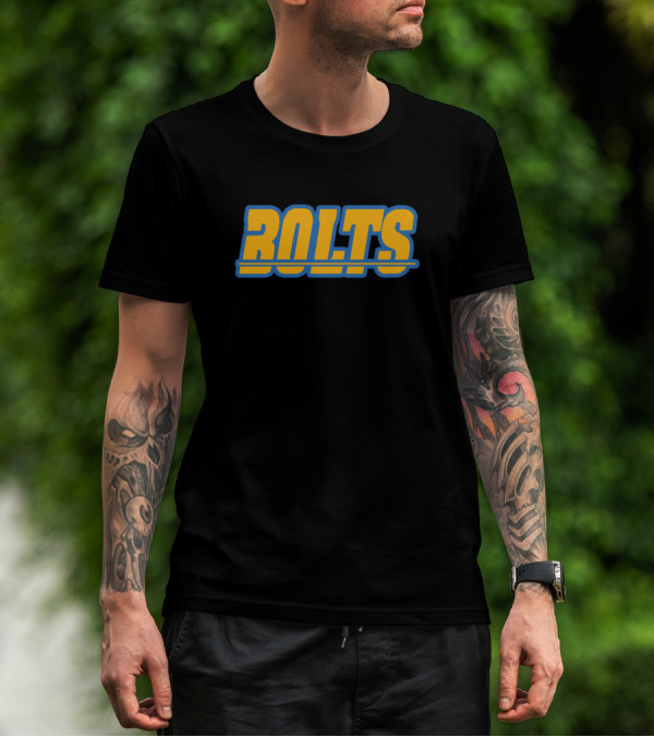 Bolts Yellow And Blue Sports Text T-Shirt