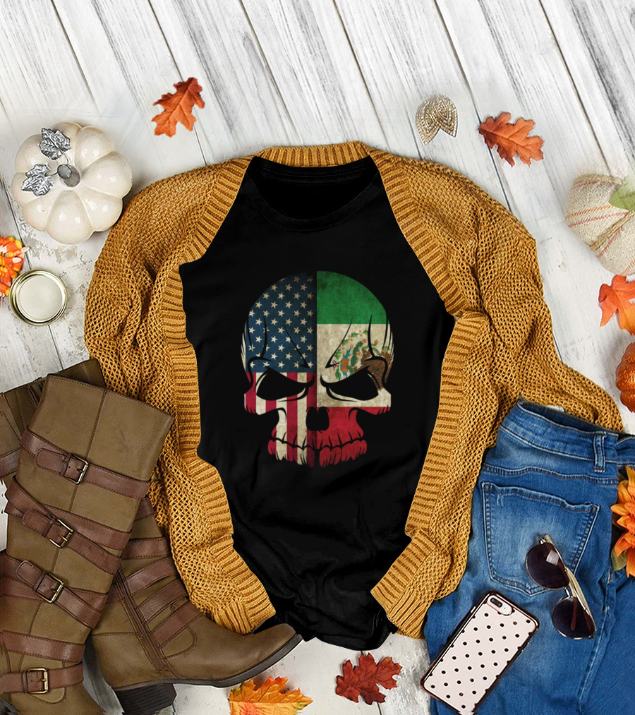 Mexican American Skull with United States and Mexico Flag Elements T-Shirt
