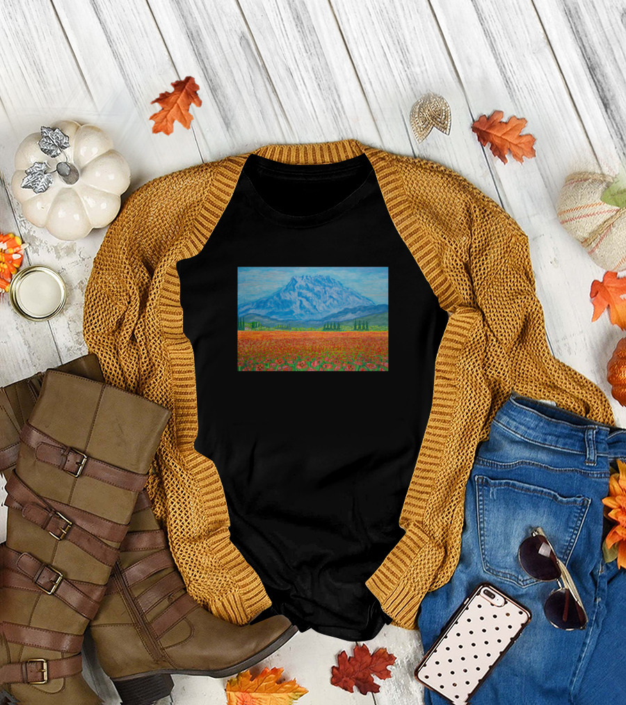 A Mountain and a Field with Red Poppies in Front of a Majestic Blue Sky T-Shirt