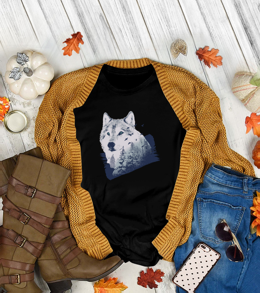 Wolf in Forest with Distant Birds and Dark T-Shirt