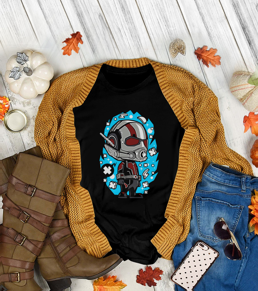 Ant Man Cartoon Character Helmet and Suit with Comic Style Icons T-Shirt